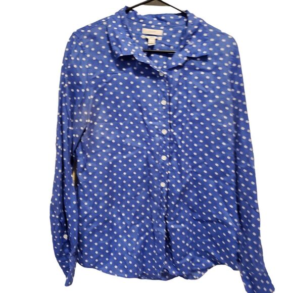 J. Crew Blue & White Polka Dot Collared Button Up Long Sleeve Linen Shirt sz 12 - Picture 1 of 7